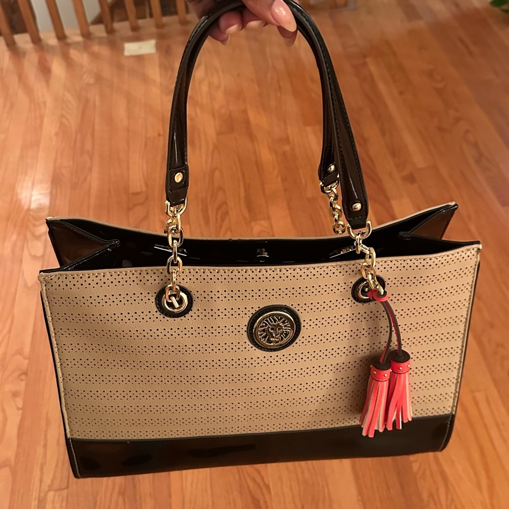 Anne Klein Beige & Black Perforated Tote Bag with Tassel Accents - Picture 2 of 7